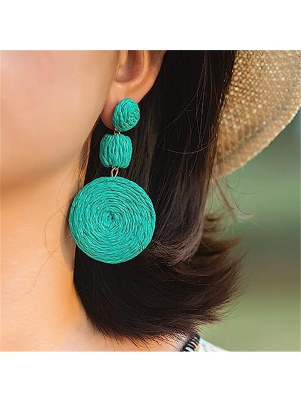 Statement Raffia Boho Round Dangle Earrings - Picture 2 of 3